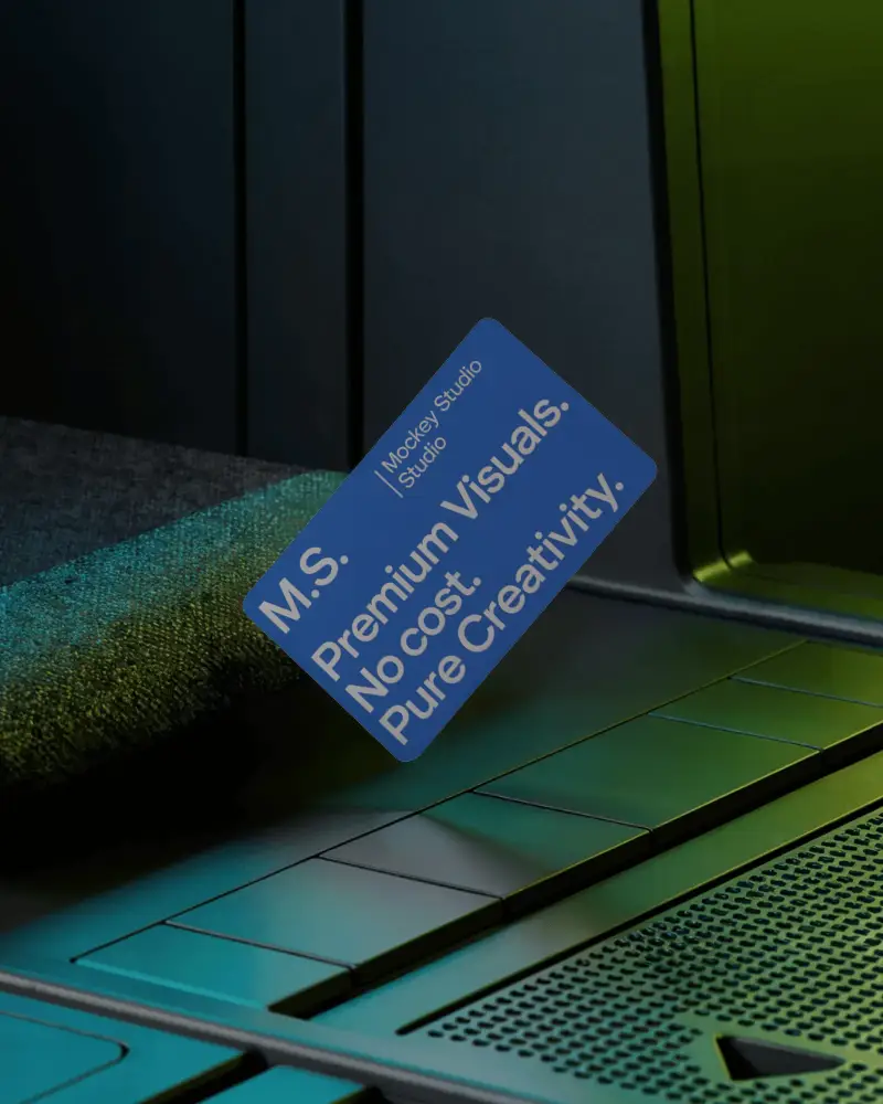 Cyberpunk Rounded Business Card Mockup Floating On Futuristic Metal Surface With Neon Green Light