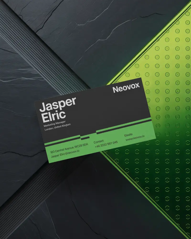 Premium Business Card Mockup Over Dark Stone And Bright Green Metal Surface Modern Contrast