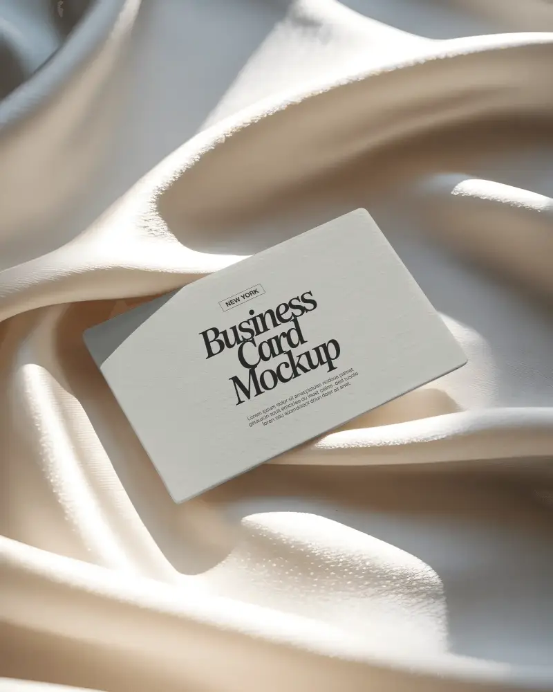 Silky Fabric Horizontal Business Card Mockup Minimal Card Placed On Soft Cream Draped Cloth