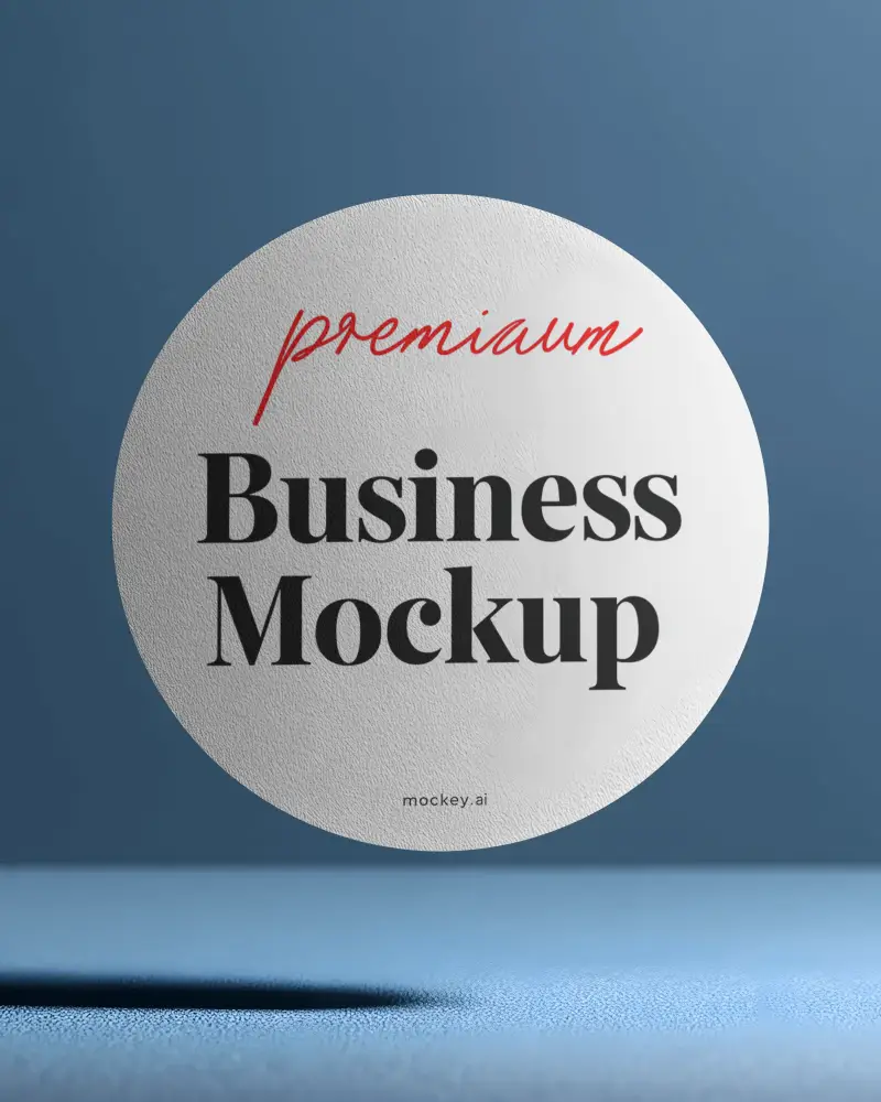 Floating Circle Business Card Mockup Minimalist Style On Blue Surface With Soft Shadow