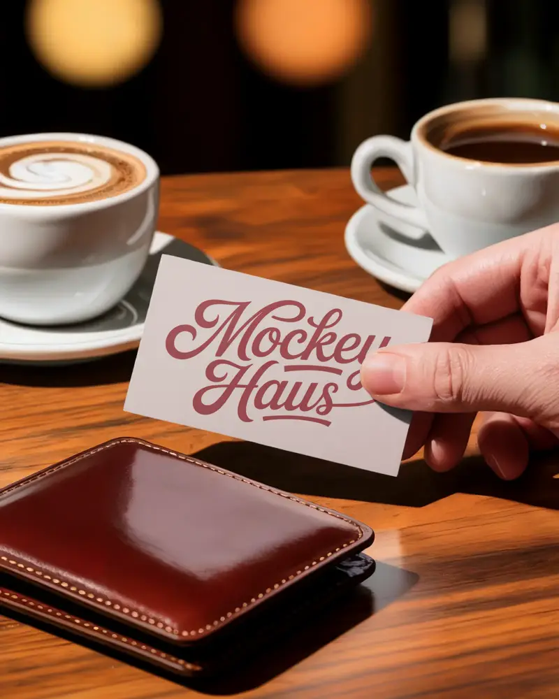 Coffee Table Business Card Mockup Hand Holding Card With Leather Wallet And Hot Cappuccino