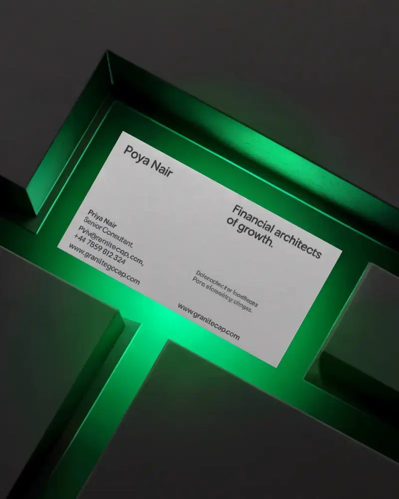 Neon Glow Business Card Mockup Dark Surface With Green Light Illuminating Geometric Edges