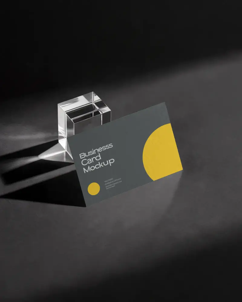 Minimal Luxury Business Card Mockup On Dark Surface With Clear Glass Cube Shadow Highlights