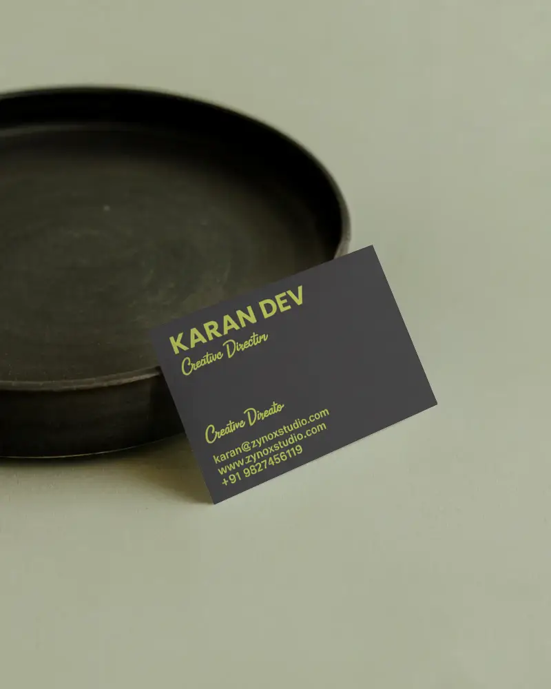 Zen Style Horizontal Business Card Mockup On Minimal Light Background With Dark Ceramic Dish Props