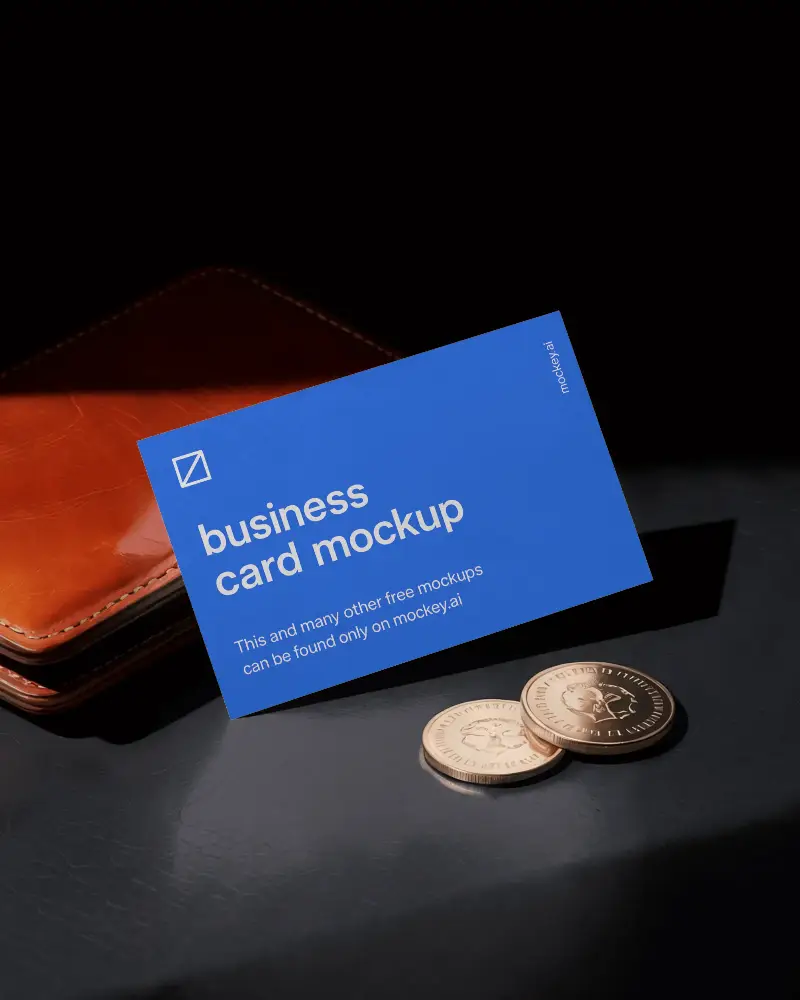 Luxury Wallet Business Card Mockup On Dark Desk With Coins And Leather Notebook Accessory