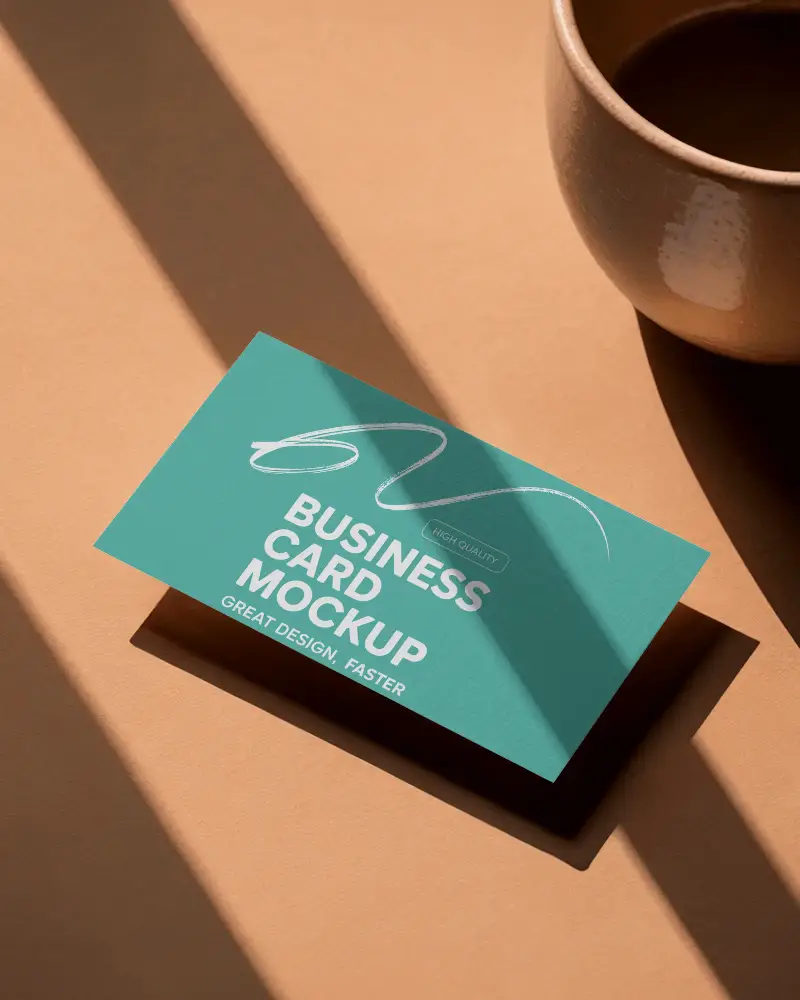 Warm Tones Horizontal Business Card Mockup On Beige Surface With Shadows And Minimal Ceramic Cup