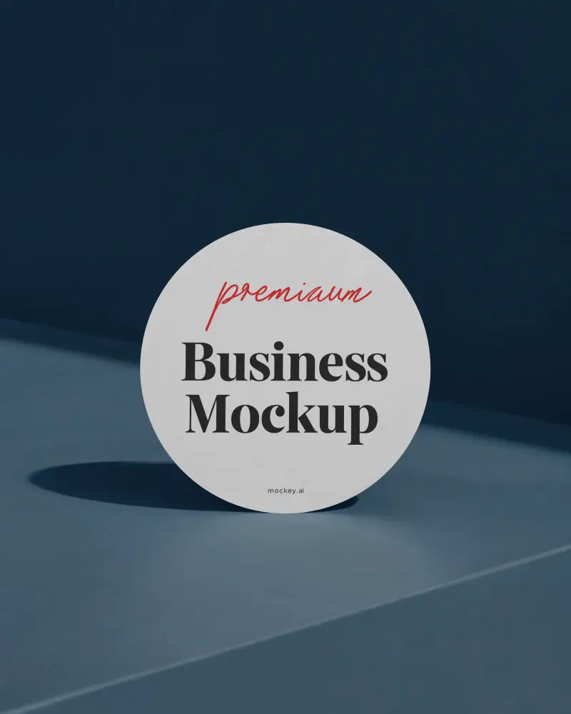 Bold Circle Business Card Mockup Round Card Standing On Blue Surface With Shadow Contrast