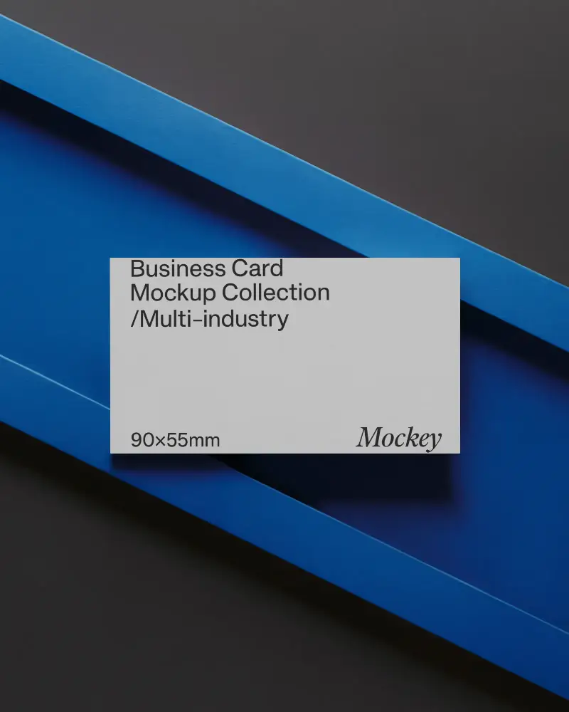 Bold Blue Stripes Horizontal Business Card Mockup On Geometric Black And Blue Background