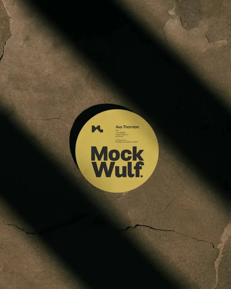 Dramatic Shadow Circle Business Card Mockup On Rustic Floor With Texture Depth