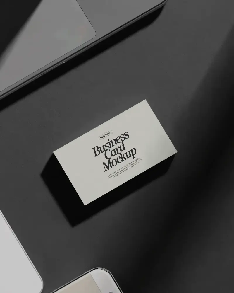 Workspace Minimal Horizontal Business Card Mockup On Black Desk With Laptop And Smartphone