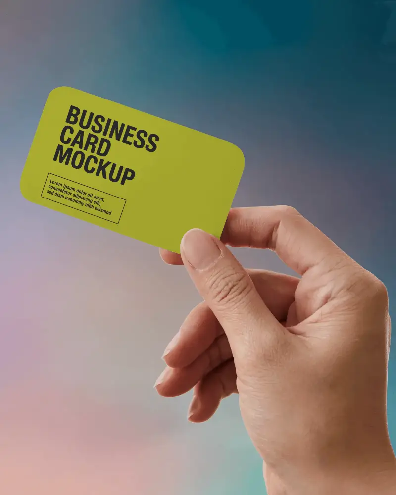 Gradient Handheld Business Card Mockup Hand Holding Rounded Card With Colorful Background