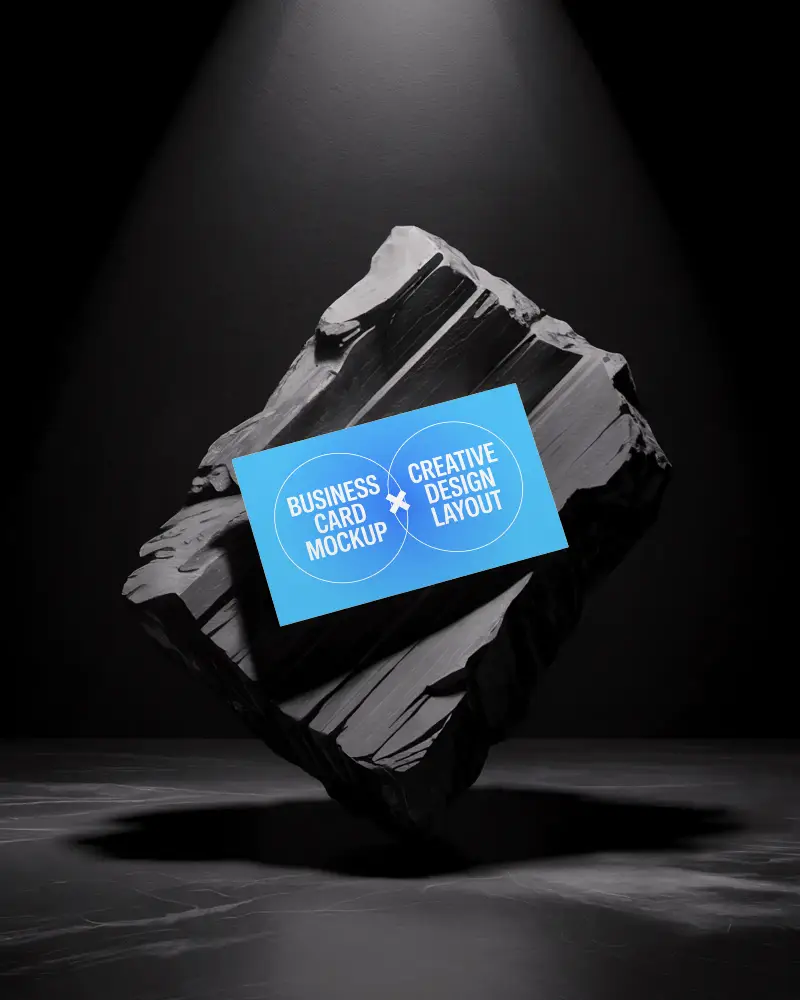 Potlight Stone Horizontal Business Card Mockup Floating Card On Rough Dark Rock Surface