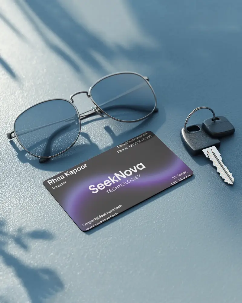 Blue Surface Sunglasses Keys Business Card Mockup Realistic Lifestyle Minimal Detailed Closeup