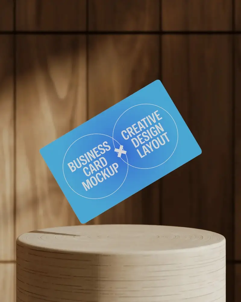 Wooden Podium Floating Business Card Mockup Elegant Natural Light Presentation