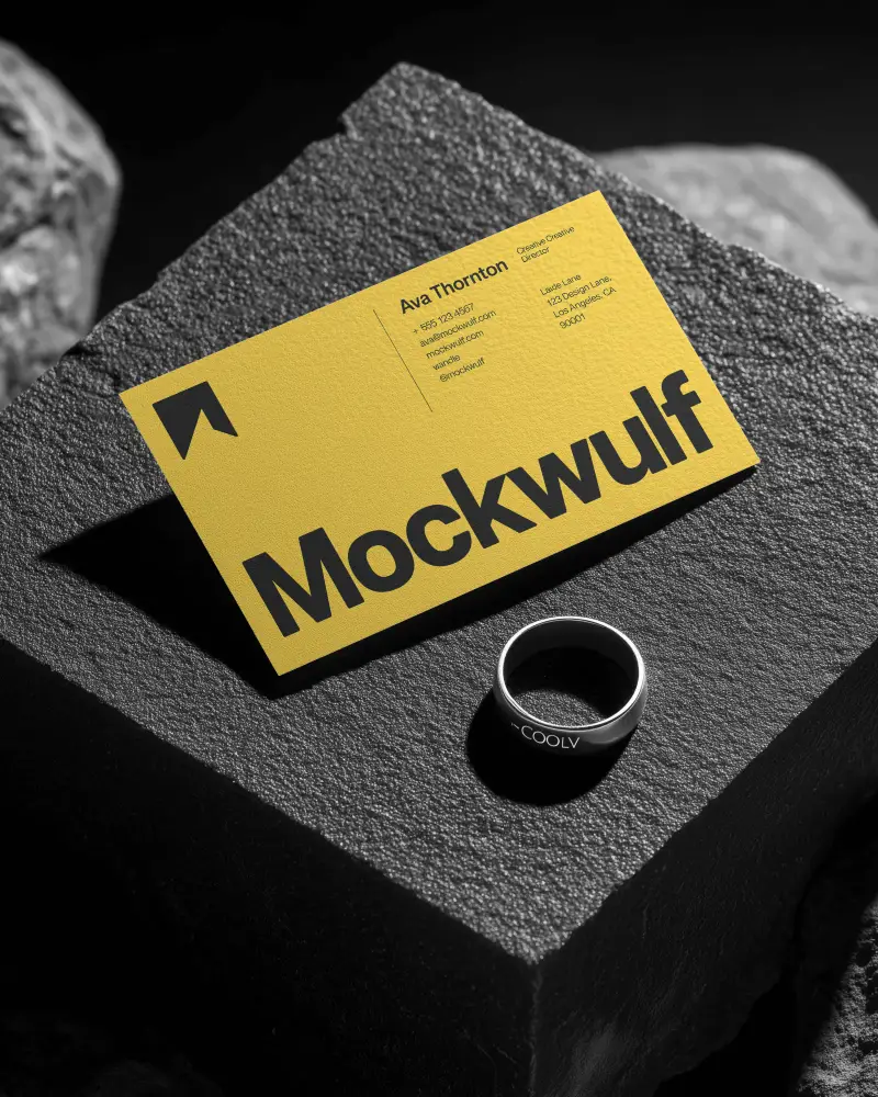 Bold Textured Business Card Mockup On Stone Surface With Metal Ring Dark Style
