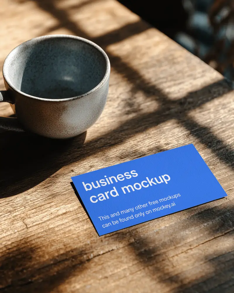 Rustic Horizontal Texture Business Card Mockup On Wooden Table With Coffee Cup Warm Sunlit Design