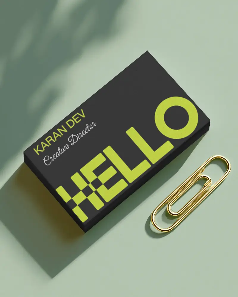 Stacked Texture Horizontal Business Card Mockup On Soft Green Surface With Golden Paperclip Clean