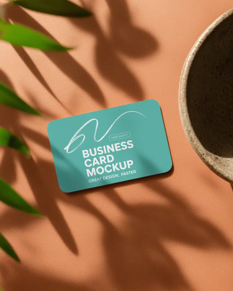 Soft Shadow Rounded Business Card Mockup On Orange Background With Ceramic Bowl And Leaves