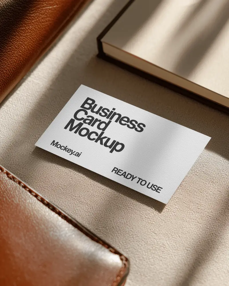 Premium Leather And Book Desk Textured Business Card Mockup In Sunlit Elegant Workspace