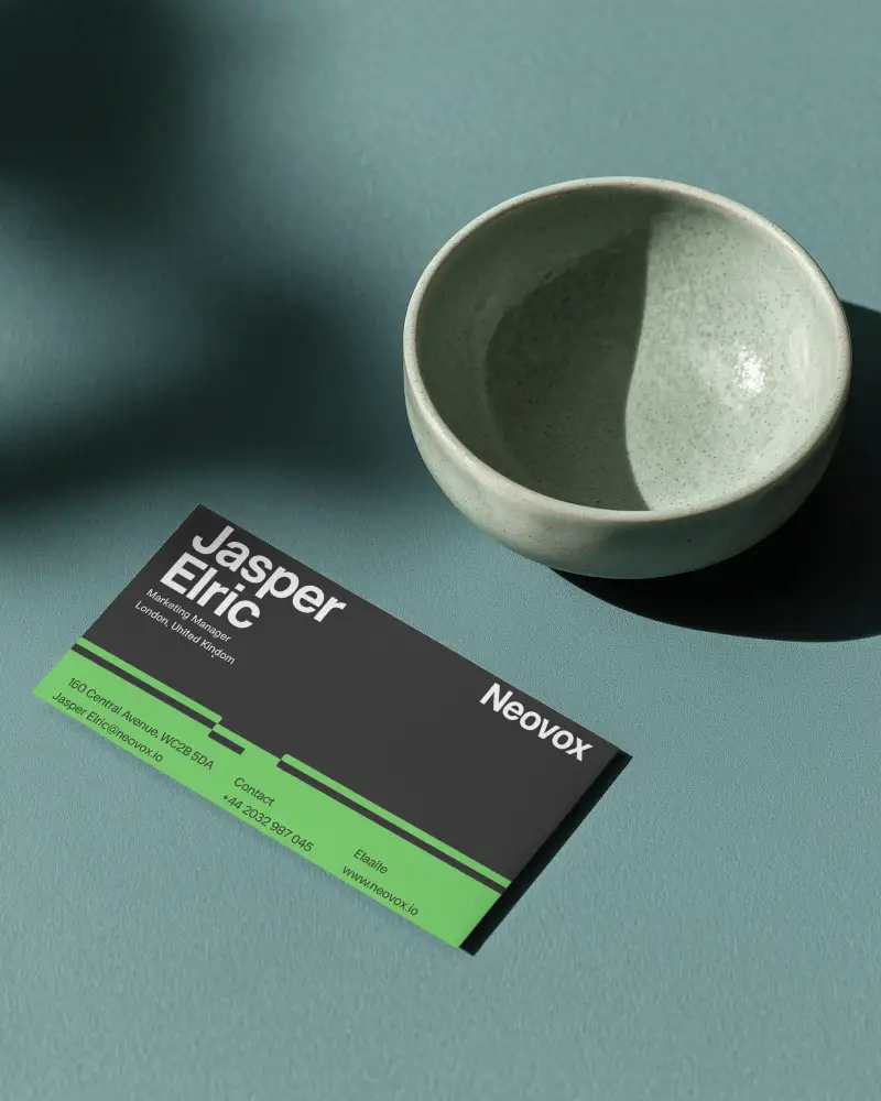 Ceramic Bowl On Pastel Surface With Horizontal Business Card Mockup In Soft Daylight