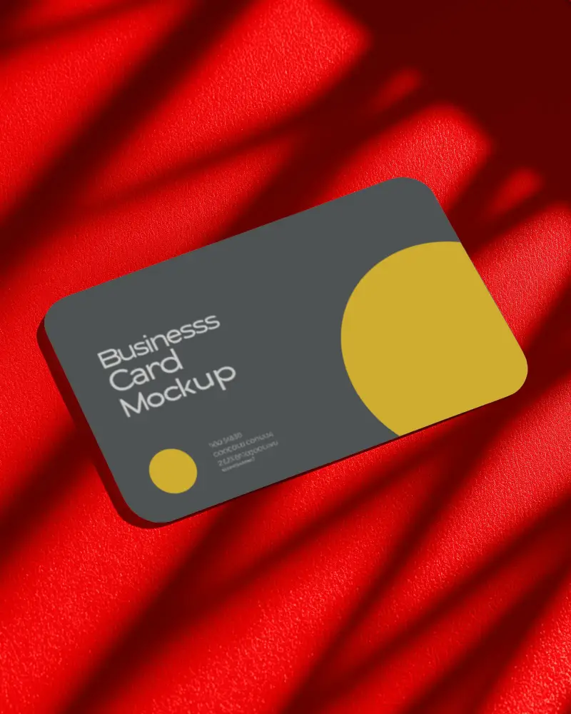 Red Surface Rounded Horizontal Business Card Mockup With Dramatic Shadows And Rounded Corners