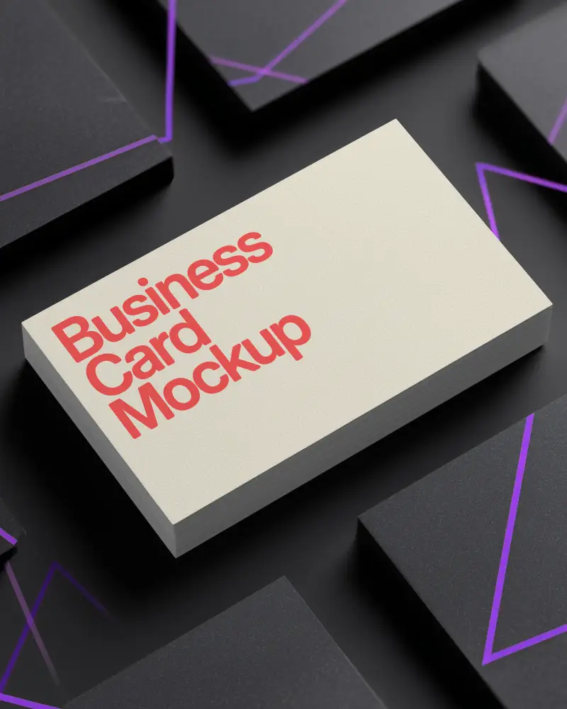Sleek Black Surface Stacked Business Card Mockup With Purple Neon Lines Modern And Stylish Layout