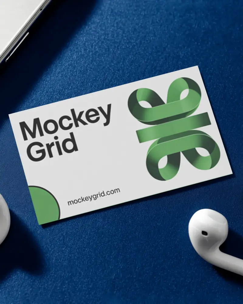Navy Desk Horizontal Business Card Mockup With Phone And Earbuds Clean Creative Professional Style