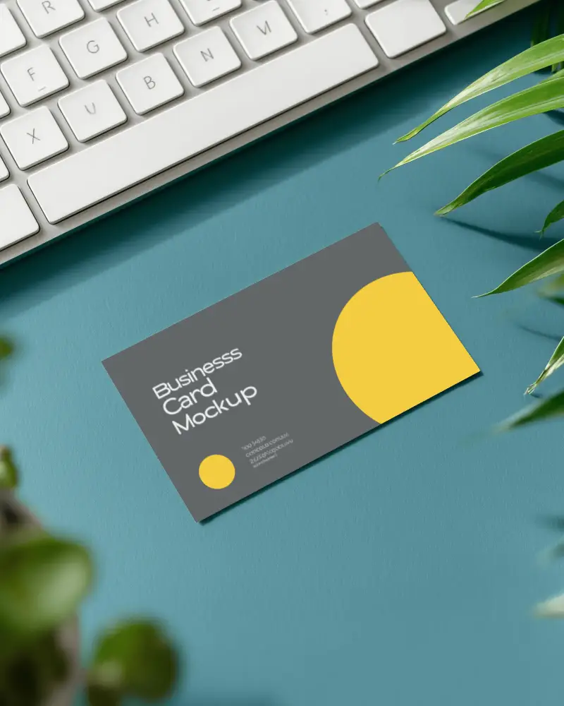 Modern Office Horizontal Business Card Mockup On Desk With Keyboard And Plants Fresh Creative Look