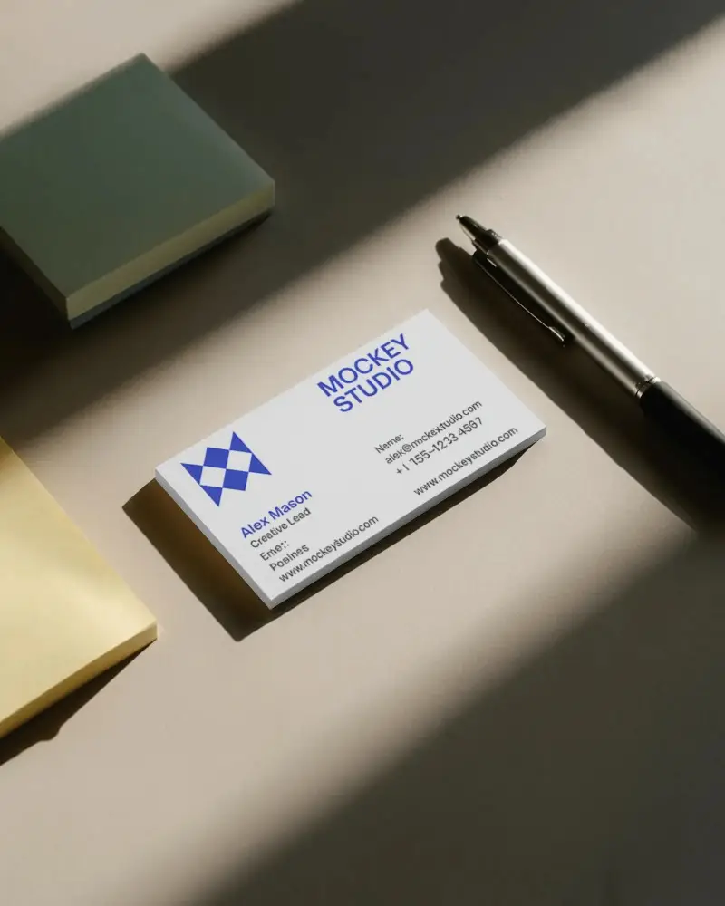 Desk Stationery Business Card Mockup With Pen And Sticky Notes In Natural Light