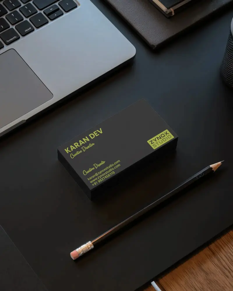 Workspace Desk Business Card Mockup Laptop Pencil And Leather Accessories Scene