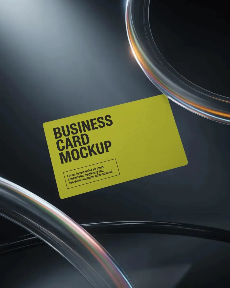 Spotlight Floating Business Card Mockup With Metallic Rings And Dark Background