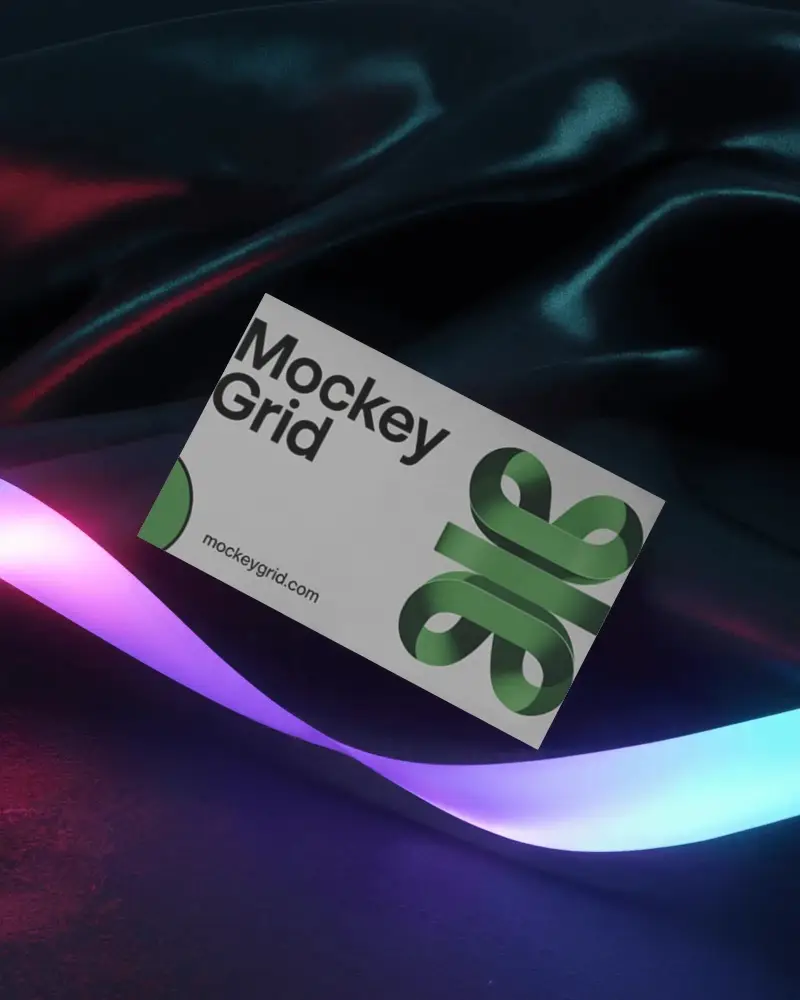 Neon Light Wave Business Card Mockup On Dark Surface With Satin Texture Style