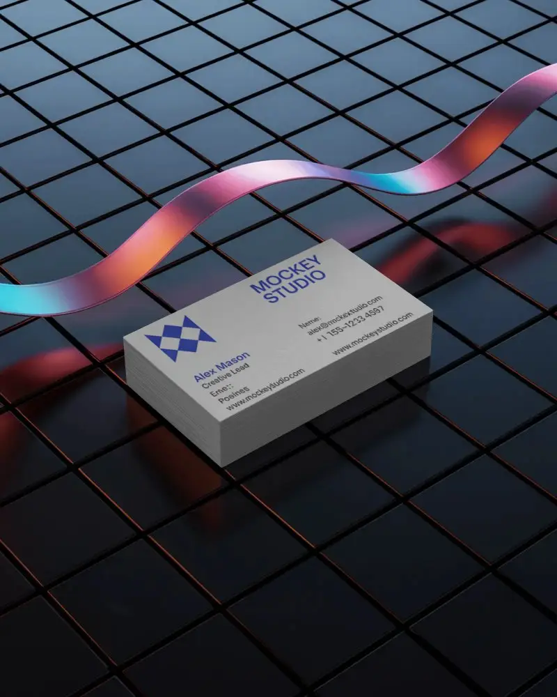 Futuristic Grid Business Card Mockup With Neon Wave And Glossy 3d Floor Tiles