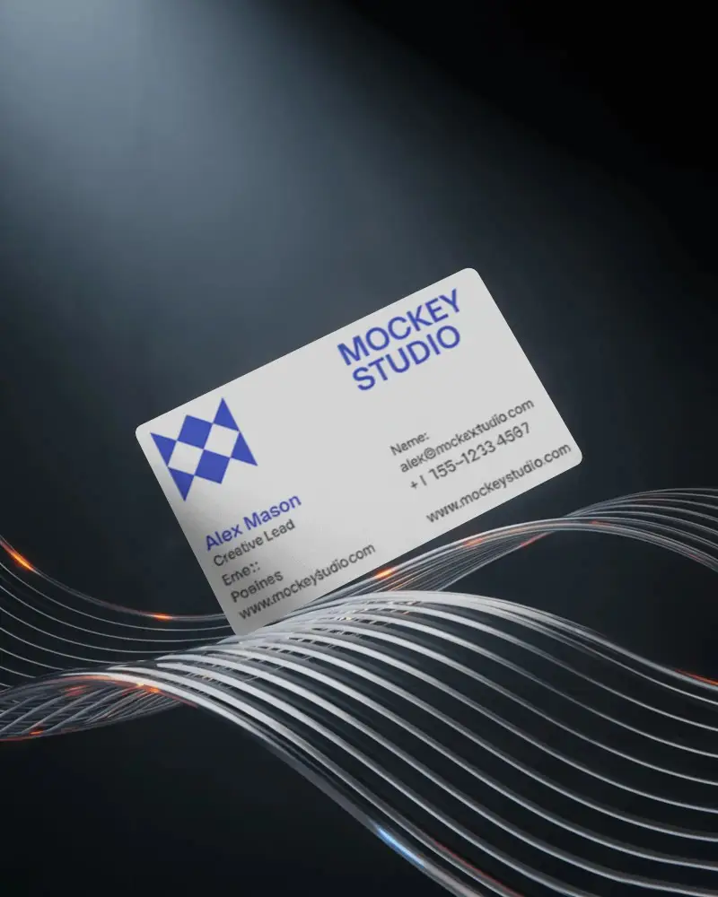 Futuristic Wave Business Card Mockup Floating With Metallic Light Streaks And Spotlight