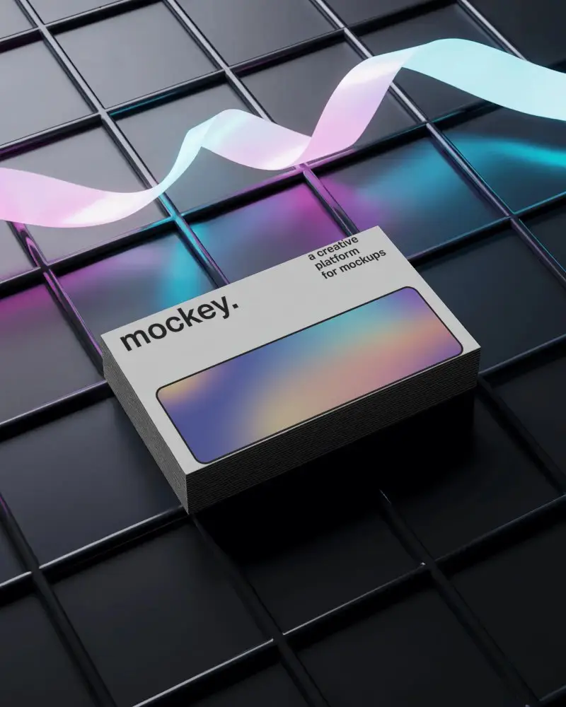 Glossy Grid Surface Stacked Business Card Mockup With Floating Neon Ribbon Light Reflections