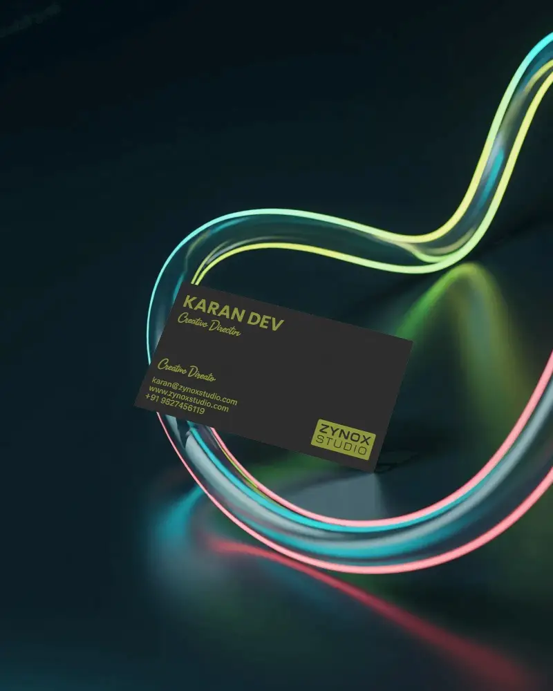Glowing Ribbon Business Card Mockup Floating On Dark Background Futuristic Style