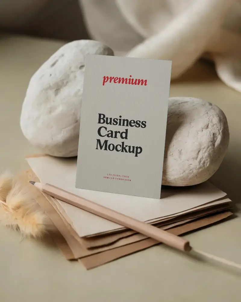 Minimalist Earth Toned Business Card Mockup With Organic Texture And Pencil Accessory