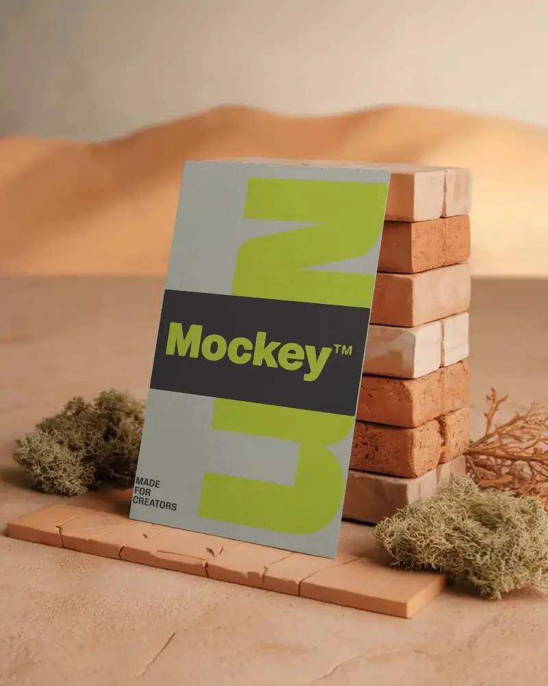 Vertical Business Card Mockup On Textured Surface With Organic Elements And Earthy Toned Bricks