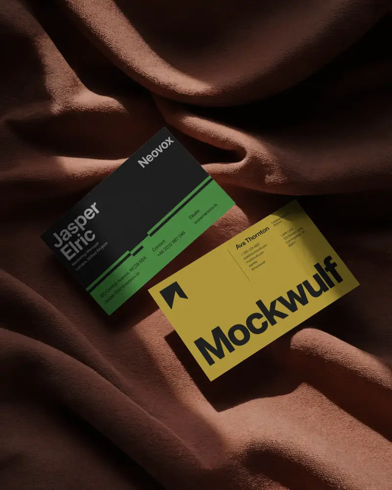Warm Fabric Dual Horizontal Business Card Mockup With Soft Draped Textures And Moody Lighting