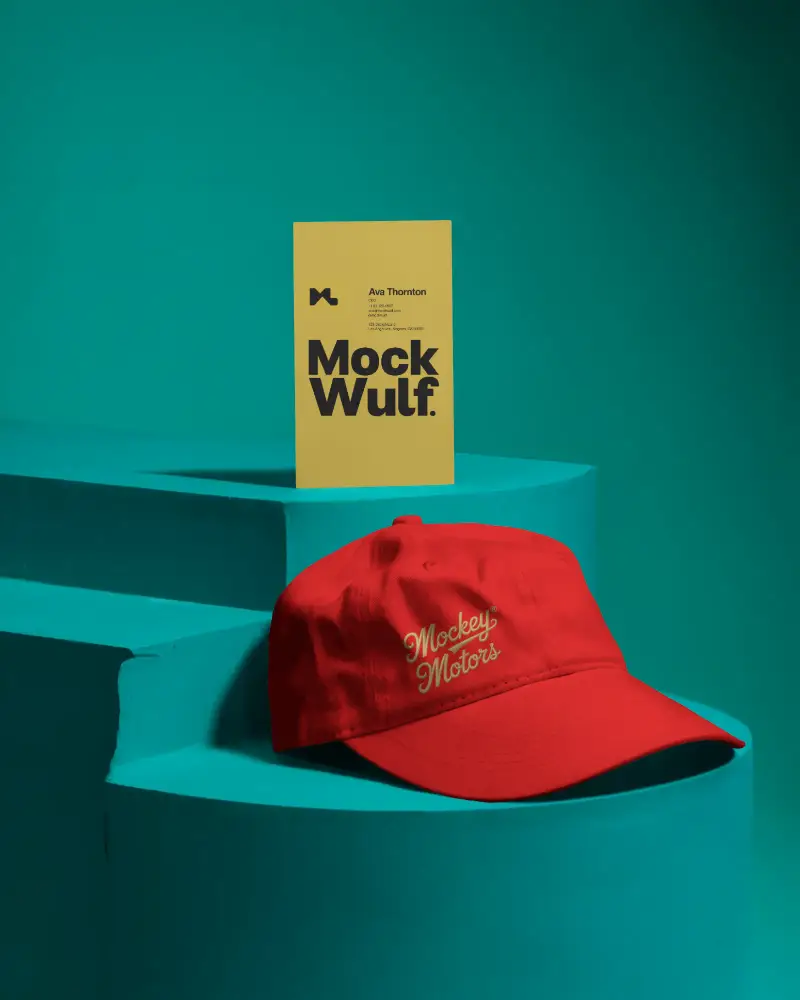 Teal Podium Business Card Mockup With Modern Cap Prop And Bold Visual Style