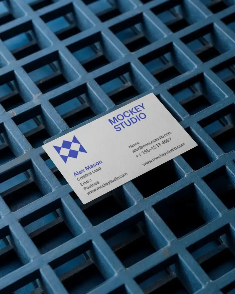 Premium Blank Business Card Mockup On Textured Grille Surface For Creative Branding Marketing