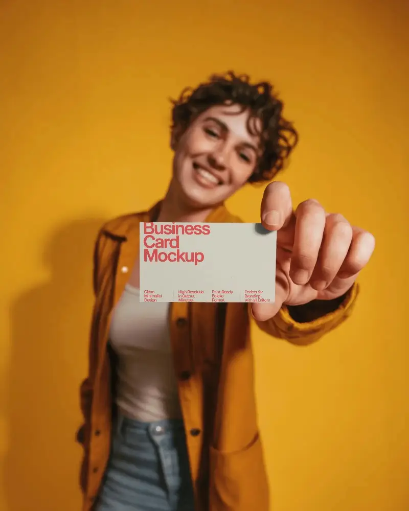 Young Woman Holding Blank Business Card Closeup Fashionable Casual Outfit