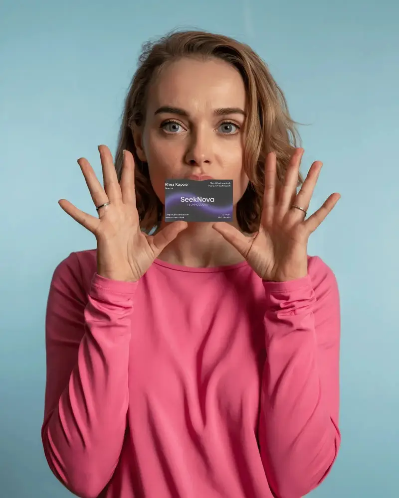 Professional Business Card Mockup With Woman Holding Card Front Face View