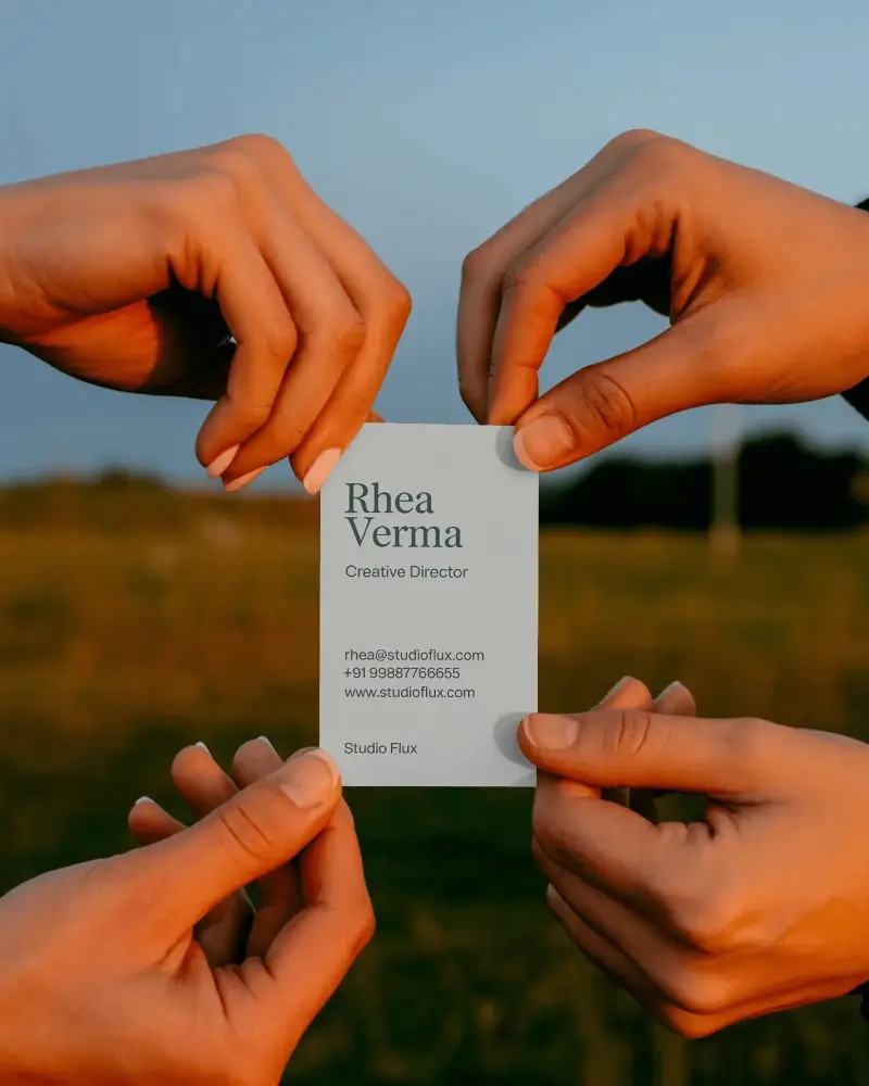 Four Hands Holding Minimalist Blank Business Card Outdoor Professional Networking