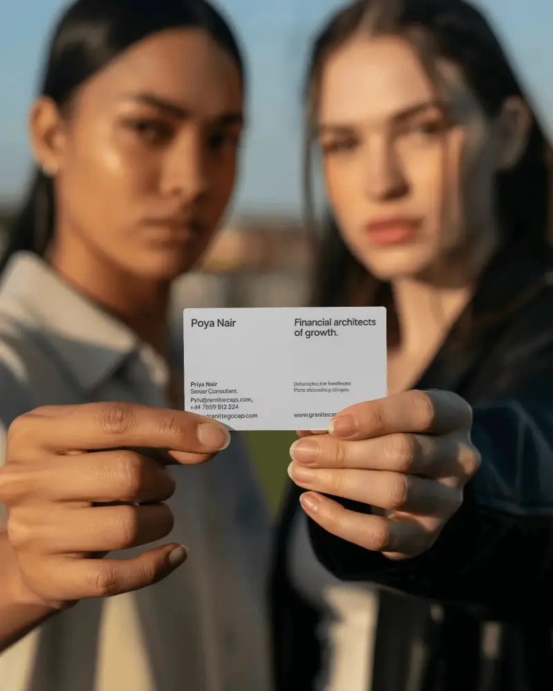 Professional Business Card Mockup Held By Two Women Showcasing Minimalist Blank Card Design