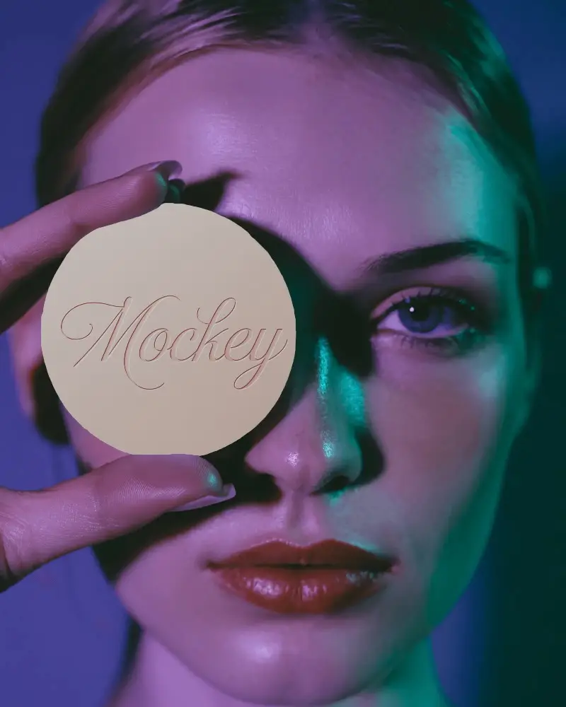 Closeup Portrait Holding Round Business Card Mockup Showcasing Branding Identity Presentation