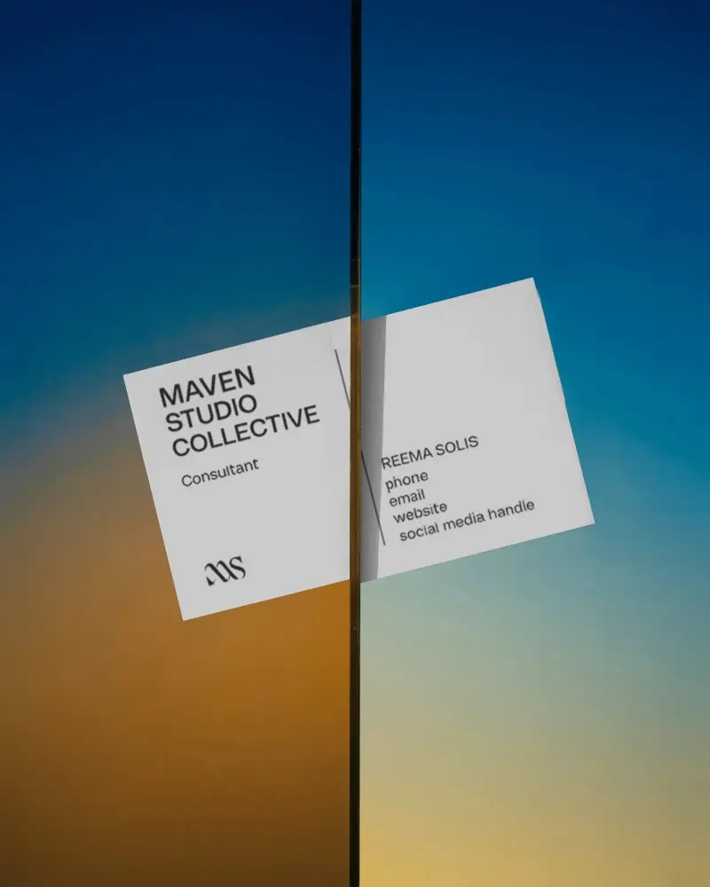 Business Card Mockup On Reflective Surface With Split Gradient Background For Branding