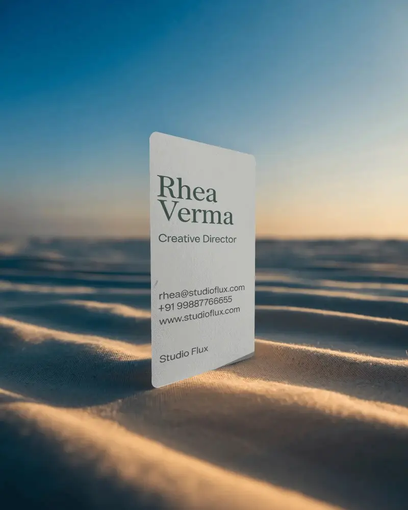 Textured Paper Business Card Mockup Vertical Standing On Fabric Surface With Soft Light