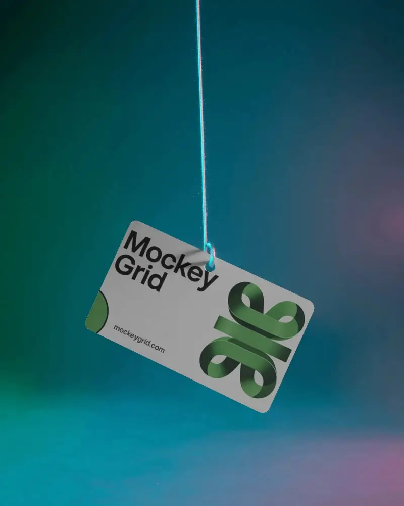 Blank Business Card Mockup Hanging On String Minimalist Background For Branding
