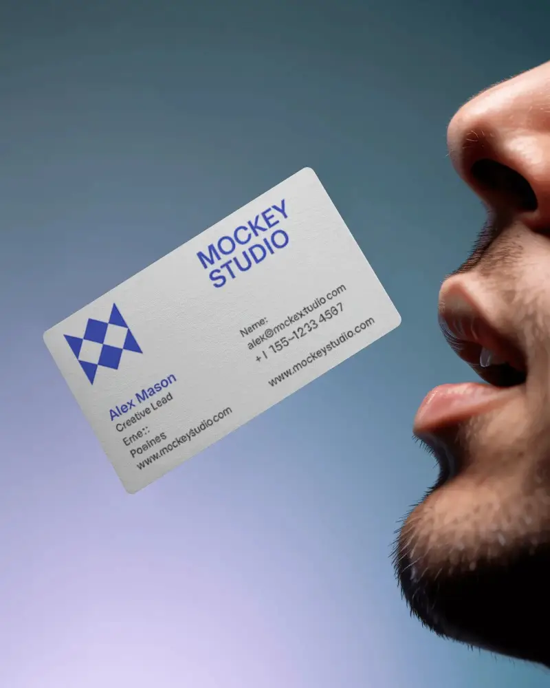 Blank Business Card Floating Next To Mouth Creative Mockup For Easy Custom Brand Presentation